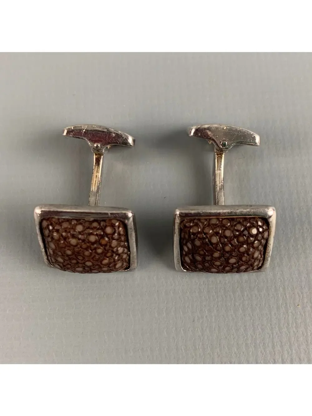HOBBS & KENT Silver Brown Textured Sterling Silver Cuff Links